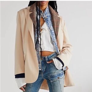 NEW Free People boho prep boyfriend slouchy oversized cream Blazer size XS